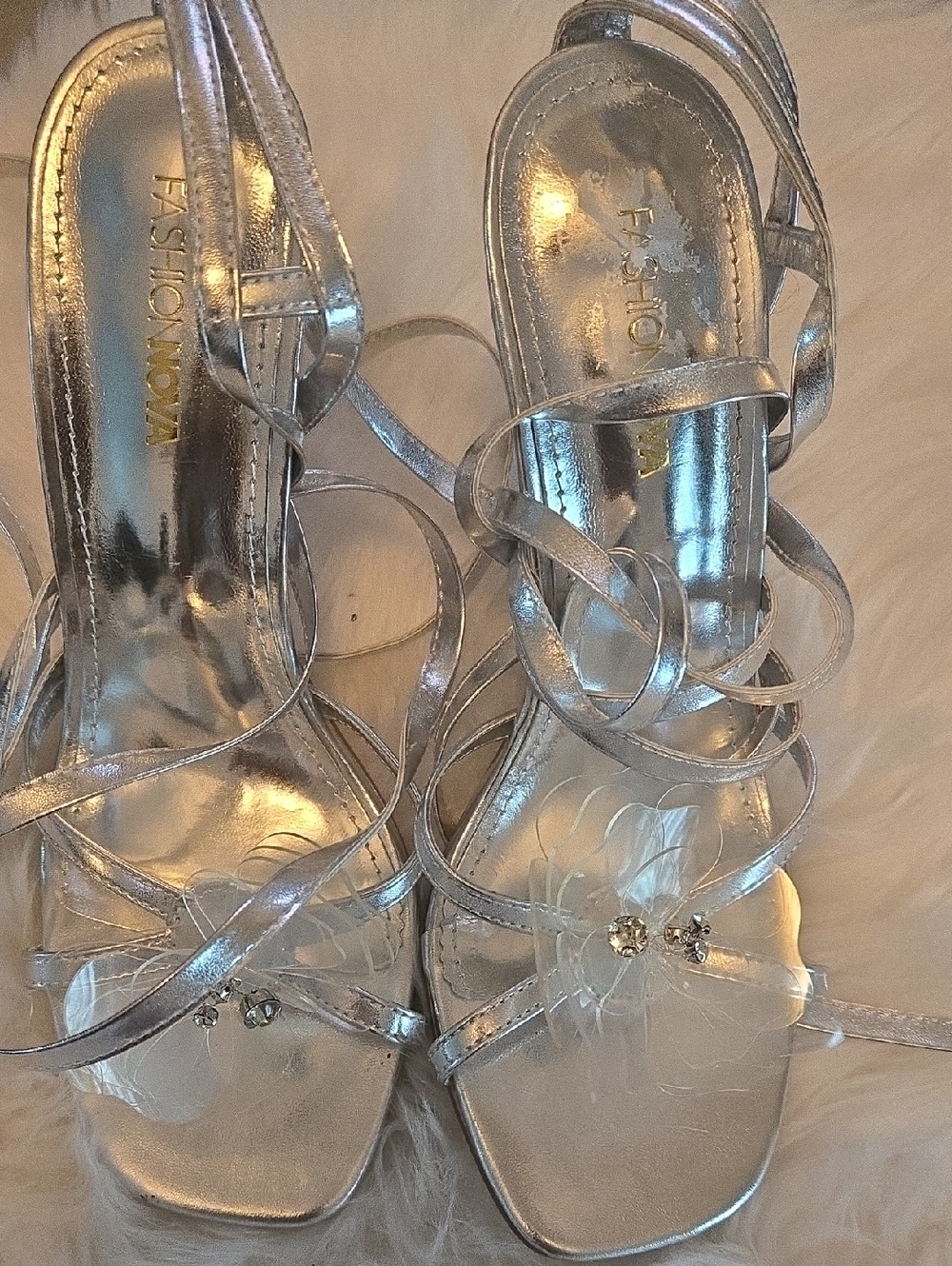 Fashion Nova Silver Floral Strap Heels with Rhinestone Accent